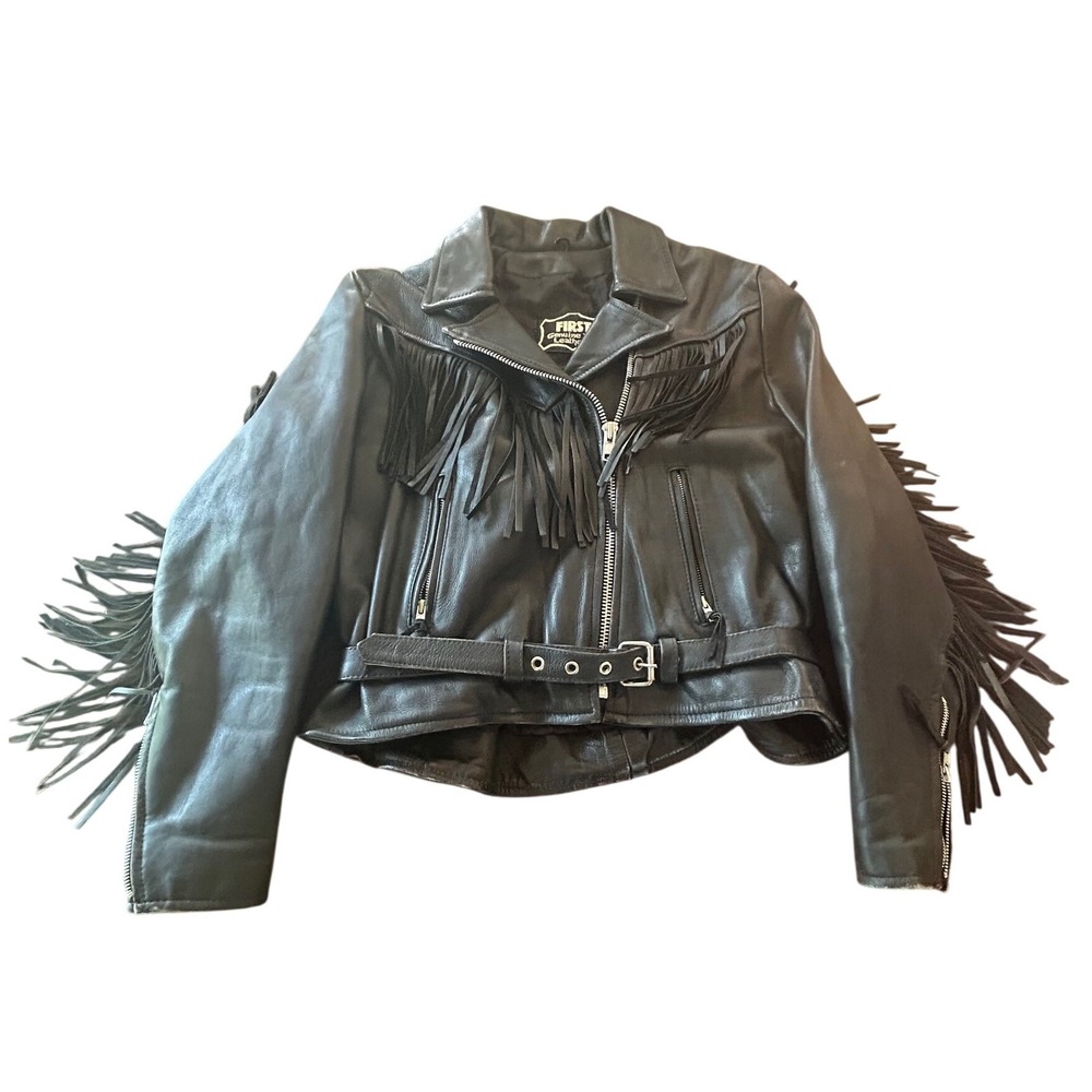 Vintage 90s First Genuine Leather Fringe Biker Jacket Black Western Moto Belted